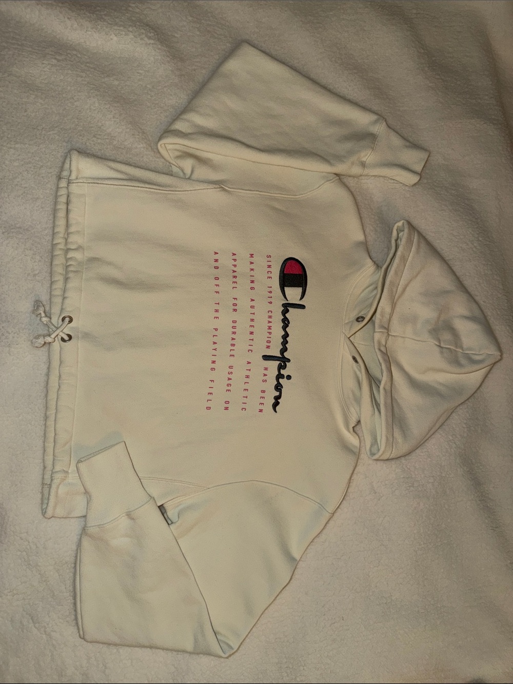 Champion Cream Reverse Weave Hoodie with Logo and Drawstring
